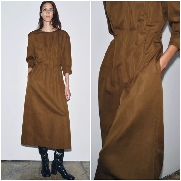 ZARA LINEN BLEND ZW COLLECTION PLEATED MIDI DRESS - Picture 1 of 9